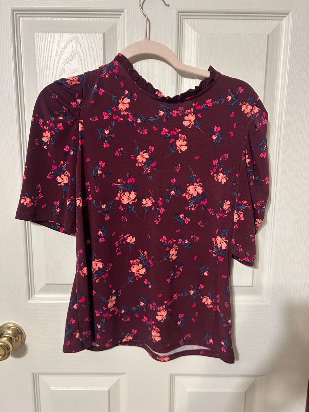 CeCe Burgundy Floral Ruffle-Neck Blouse